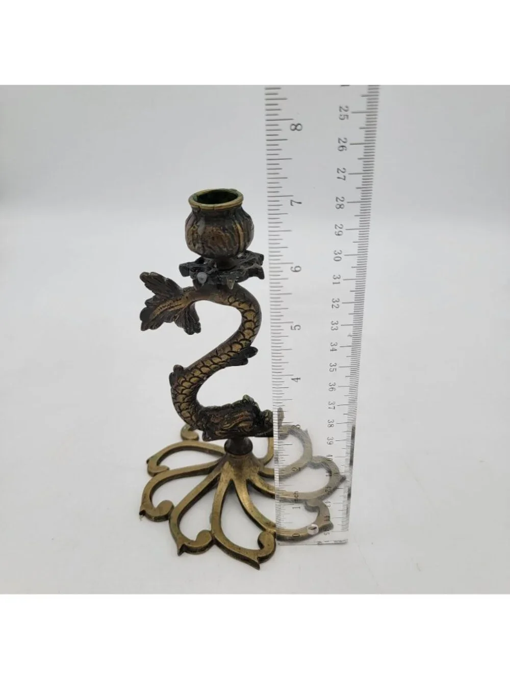 Vintage Pair of Brass Heraldic Dolphin Fish Sea Serpent Candlestick Holders